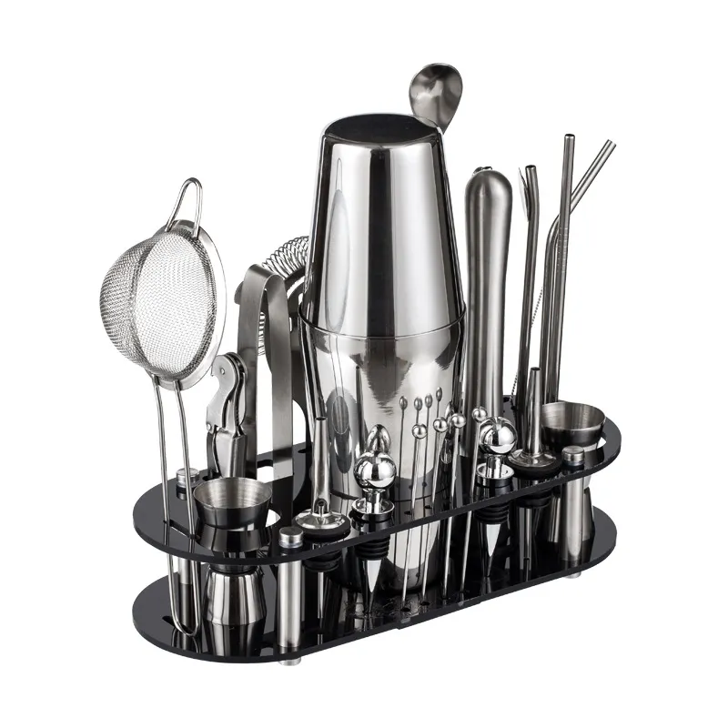 Conjunto De Coqueteleira De Aço Inoxidável De 23 Peças Com Base Acrílica