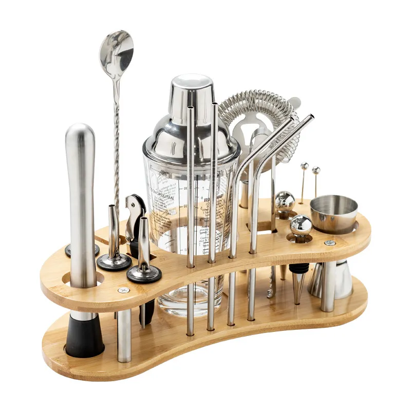 Conjunto De Coqueteleira De Aço Inoxidável De 14 Peças Com Suporte De Bambu