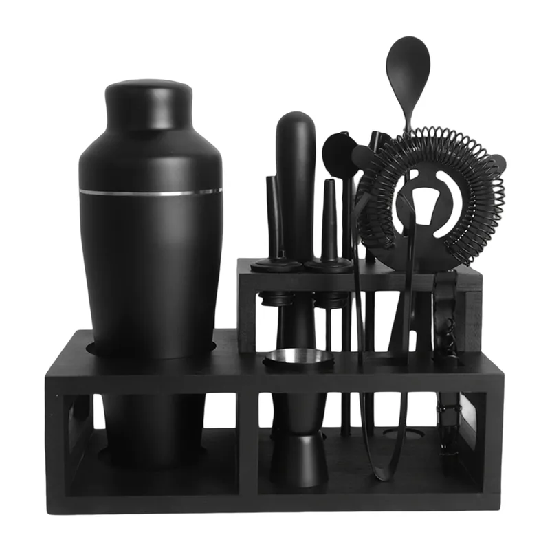 Conjunto De Coqueteleiras De 12 Peças Em Aço Inoxidável Preto Com Bambu