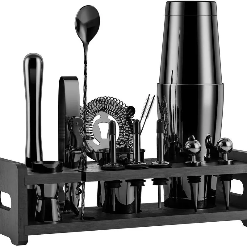 Conjunto De Coqueteleira De Aço Inoxidável De 22 Peças Com Bambu Preto