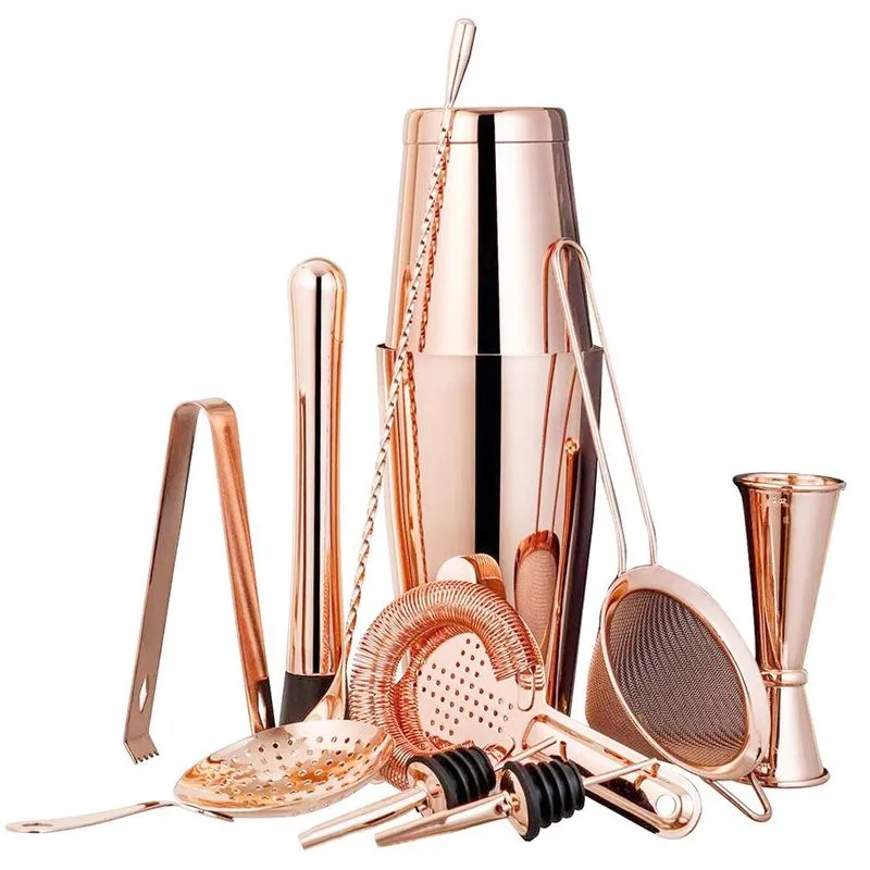 Conjunto De Coqueteleiras Boston, 11 Peças, Aço Inoxidável Em Ouro Rosa