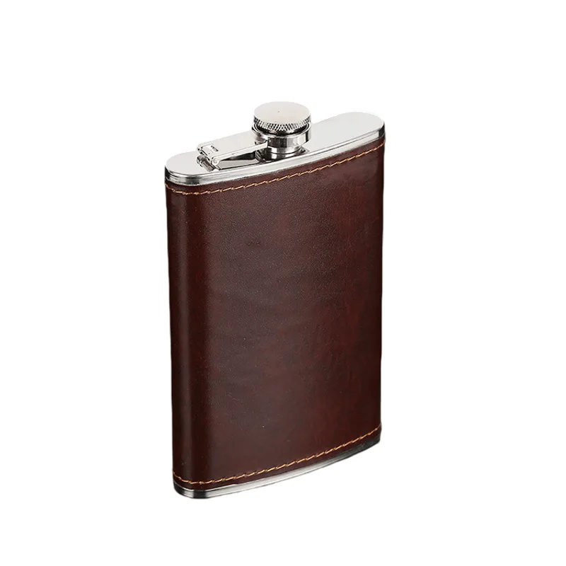 Frasco De Aço Inoxidável Hip Flask 200 Ml Com Capa De Couro Marrom
