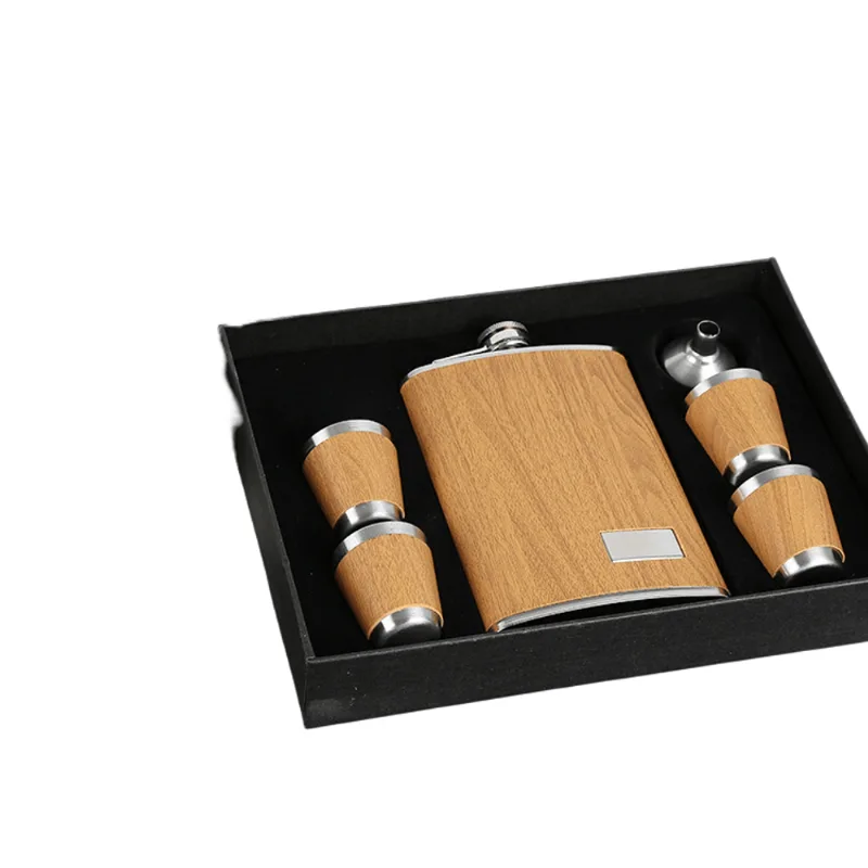 Conjunto De Frascos De Aço Inoxidável De 270 Ml De Grão De Madeira Com 4 Xícaras E Funil