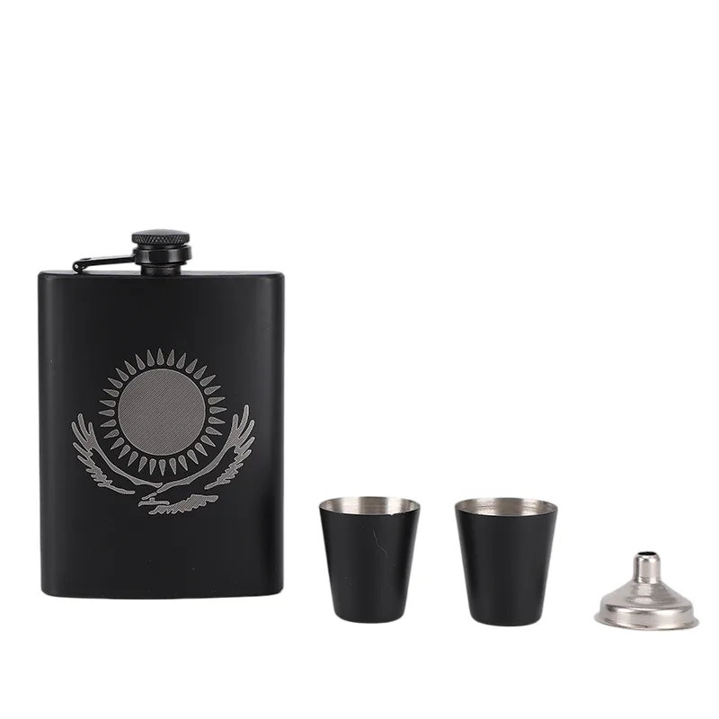 Conjunto De Frascos De Quadril Em Aço Inoxidável Preto Com 2 Copos De 180 Ml