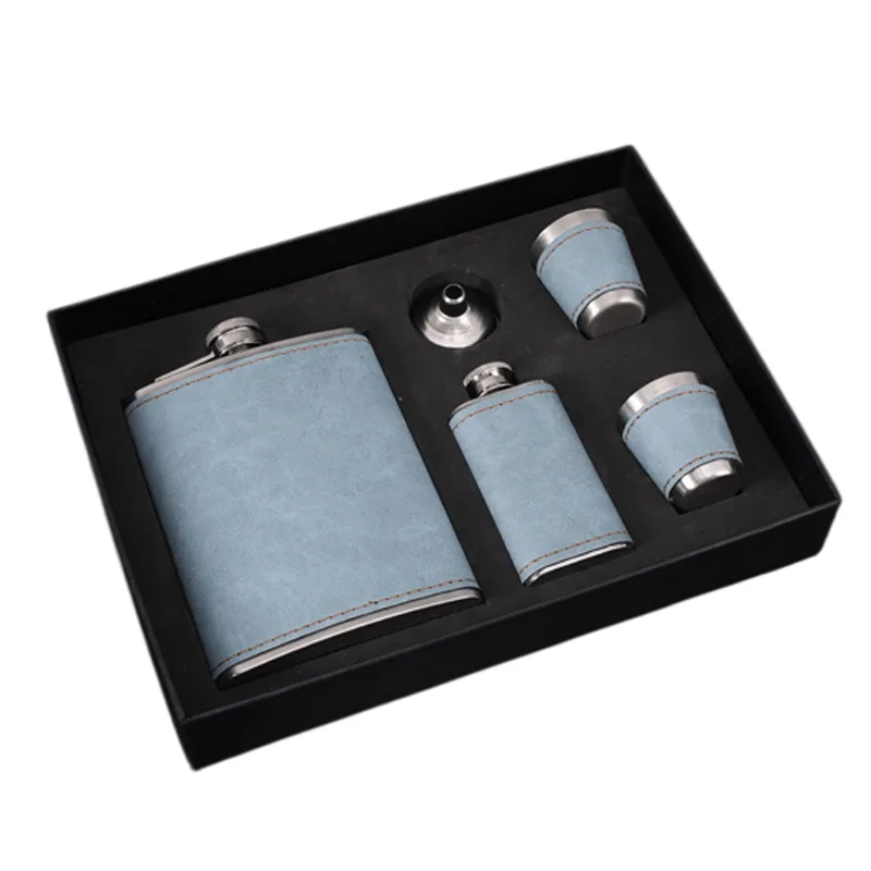 Conjunto De Presente Hip Flask Em Aço Inoxidável, Couro Azul, 300 Ml