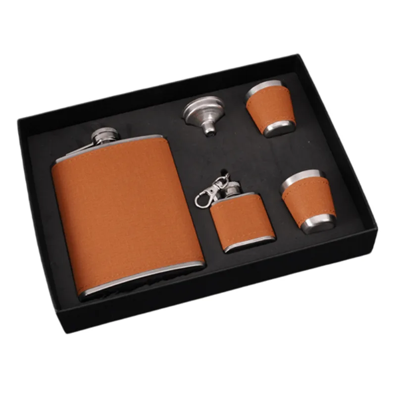 Conjunto De Frascos De Quadril De Aço Inoxidável De 240 Ml Em Couro Laranja, 2 Frascos