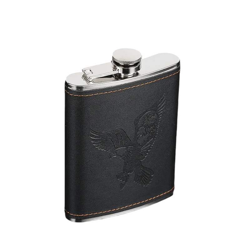 Frasco De Aço Inoxidável Hip Flask 180 Ml Com Capa De Couro Preta