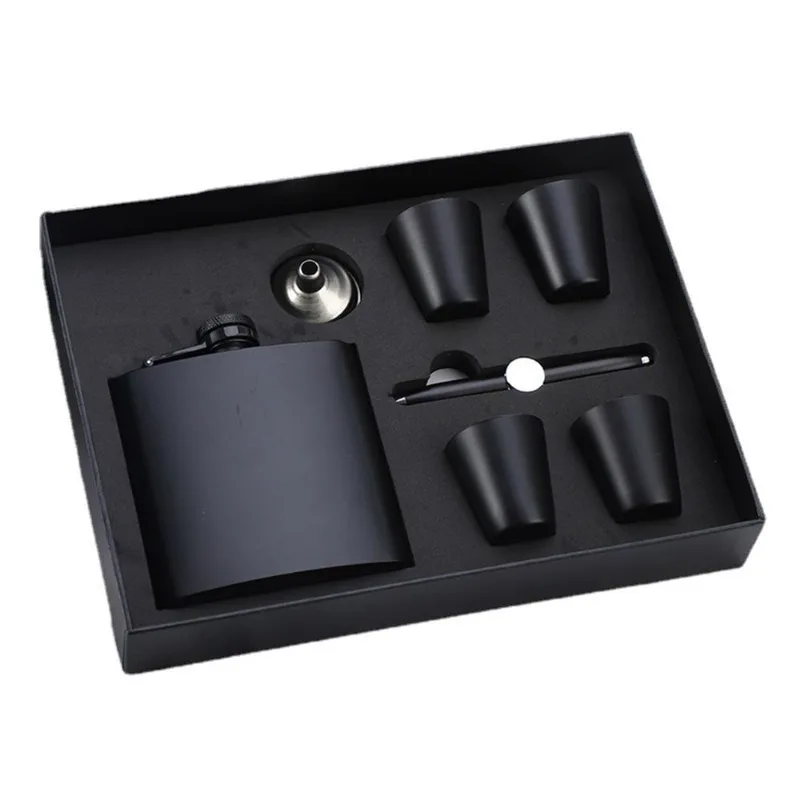 Conjunto De Frascos De Quadril Em Aço Inoxidável Preto De 200 Ml Com 4 Copos
