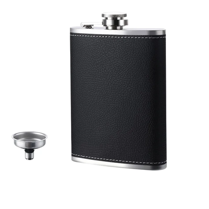 Frasco De Aço Inoxidável Hip Flask 240 Ml Com Couro Litchi E Funil