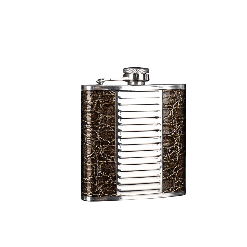 Frasco De Aço Inoxidável Hip Flask 180 Ml Com Couro De Crocodilo Marrom