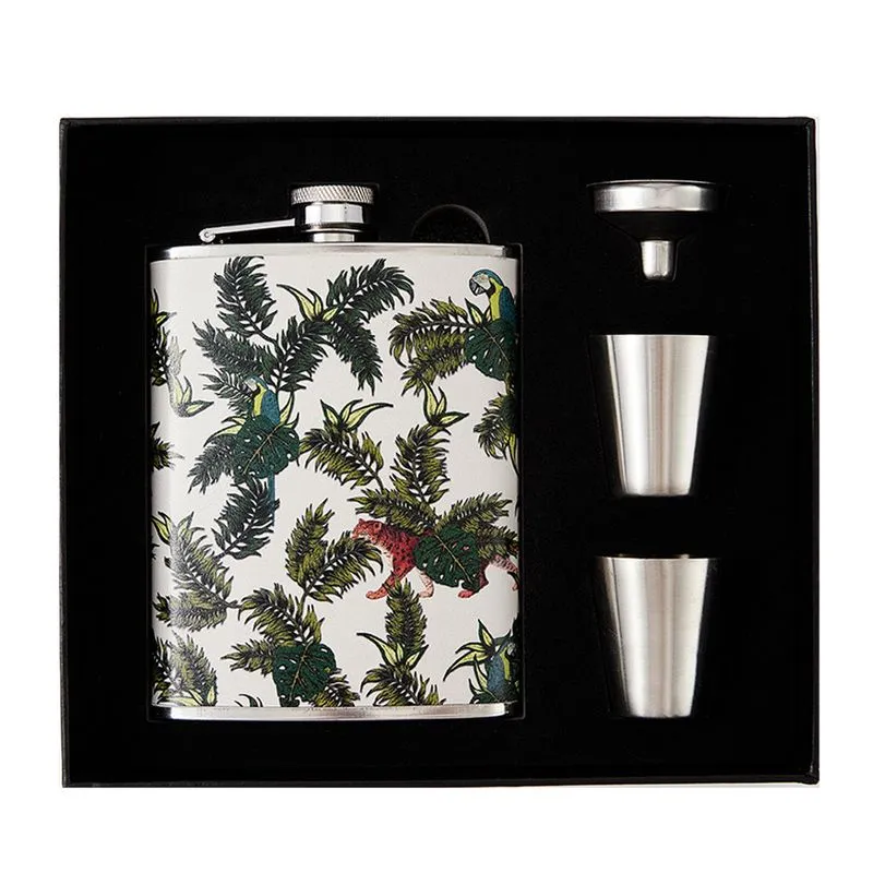 Frasco De Aço Inoxidável Hip Flask 240 Ml Com Capa De Couro Impressa