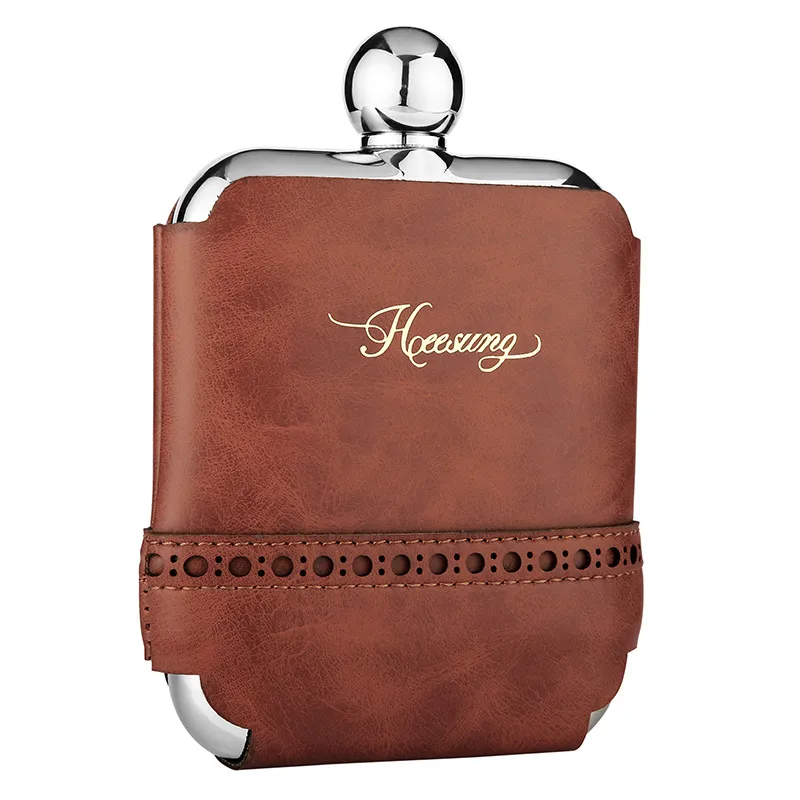 Frasco De Aço Inoxidável Hip Flask 180 Ml Com Capa De Couro Marrom