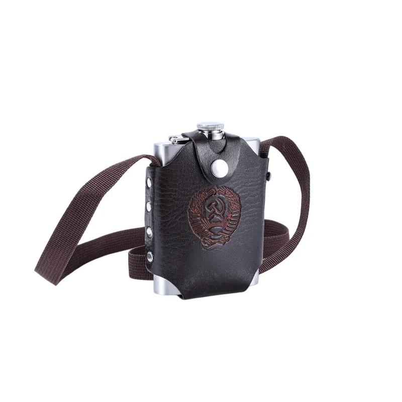 Frasco De Aço Inoxidável Hip Flask 240 Ml Com Capa De Couro Marrom