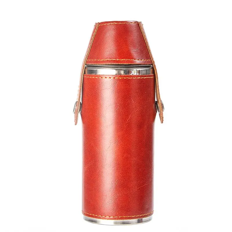 Frasco De Aço Inoxidável Hip Flask 240 Ml De Couro Vermelho 14x5,2 Cm
