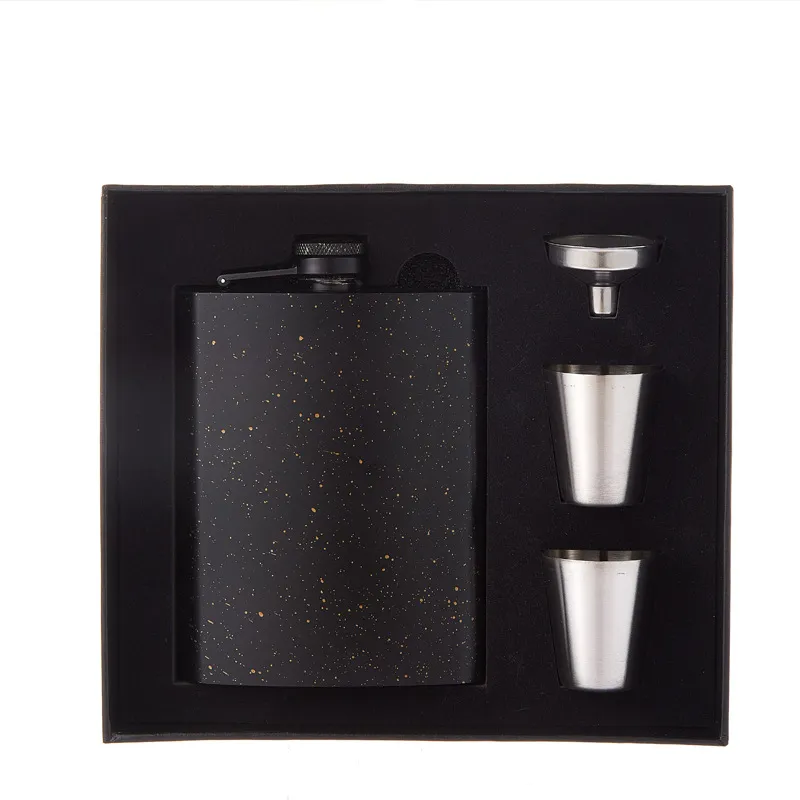 Frasco De Aço Inoxidável De 240 Ml Salpicado De Ouro Preto Com Conjunto