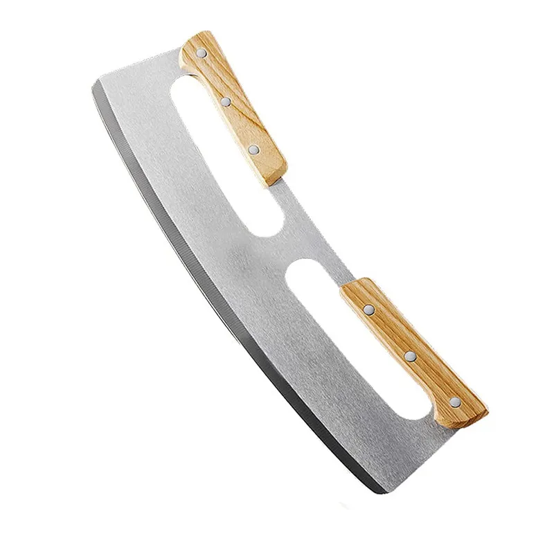 Faca De Pizza Curvada De Aço Inoxidável Com Alças De Madeira 34cm