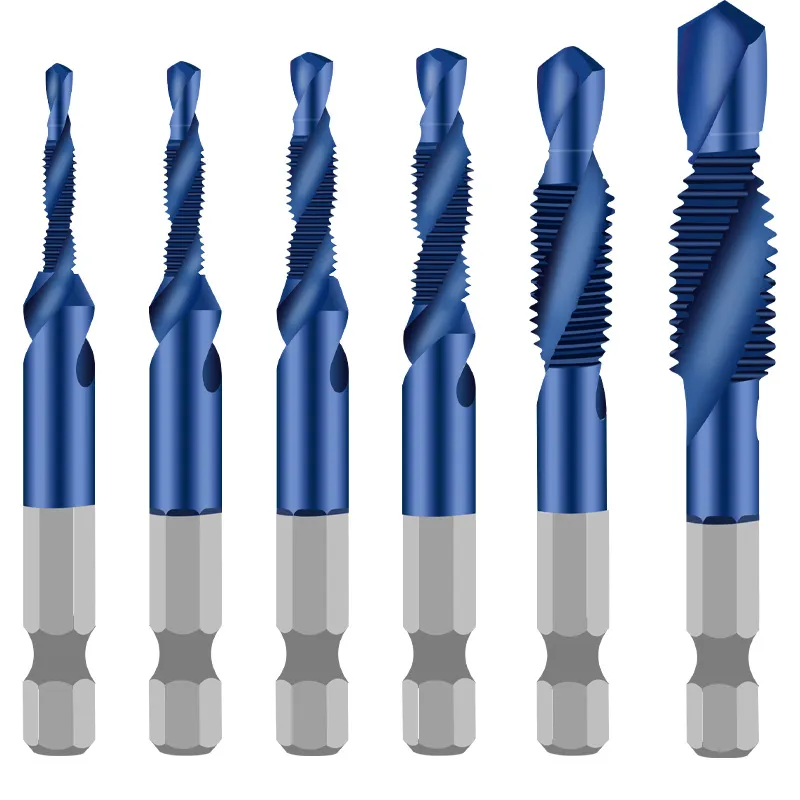 Conjunto De Brocas E Torneiras, 6 Peças, Hss M3-M10, Haste Hexagonal, Revestido Com Titânio Azul