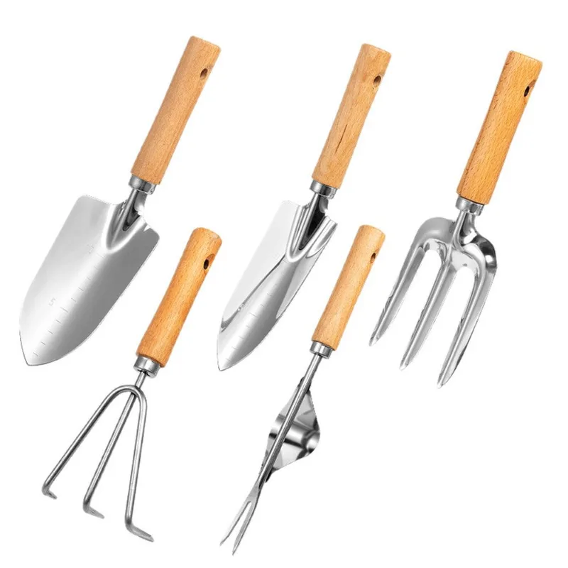 Conjunto De Ferramentas De Jardinagem Em Aço Inoxidável De 5 Peças Com Madeira De Faia H