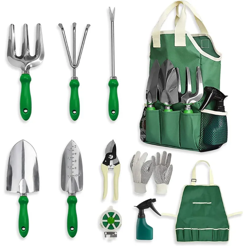 Conjunto De Ferramentas De Jardim De Aço Inoxidável De 11 Peças Com Frasco De Spray