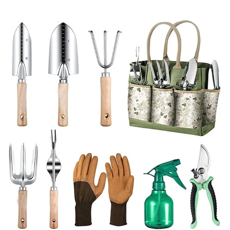 Conjunto De Ferramentas De Jardinagem De 9 Peças De Aço Inoxidável Com Cabo De Madeira