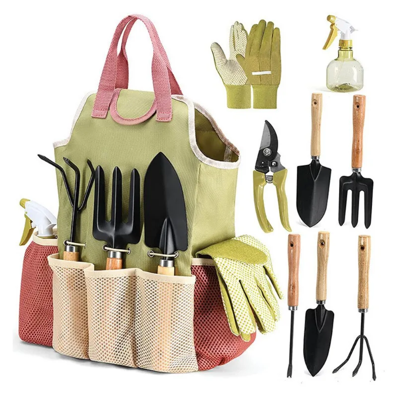 Conjunto De Ferramentas De Jardim De 9 Peças Em Aço Carbono Com Bolsa Para Mulheres E Iniciantes