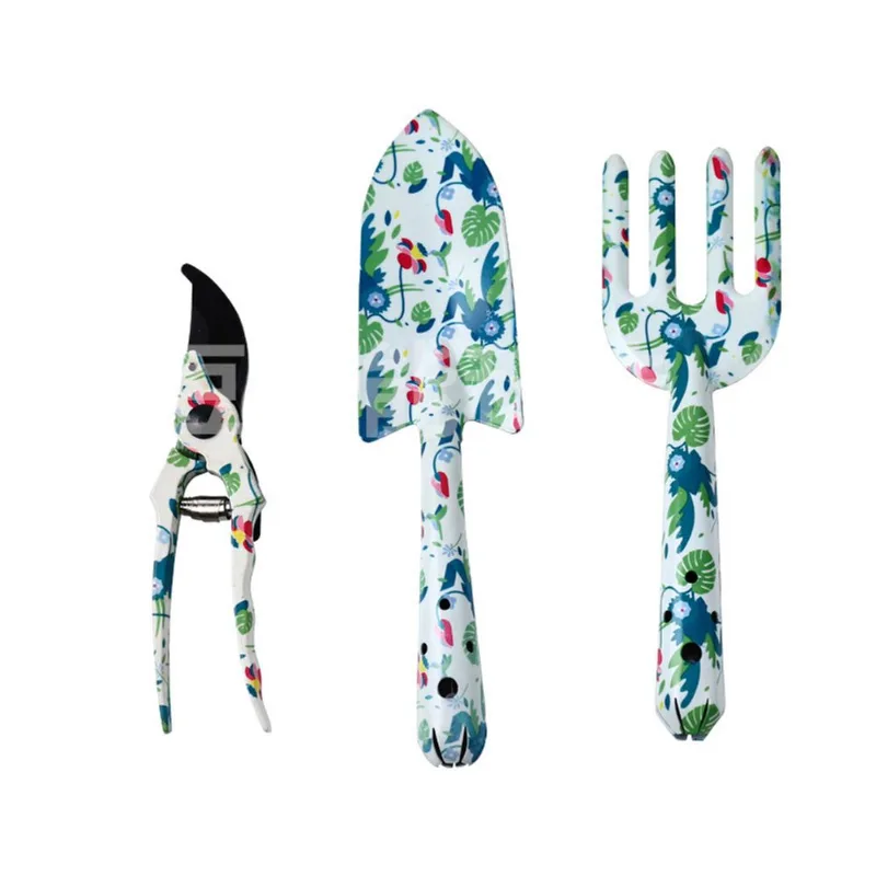 Conjunto De Ferramentas De Jardim De 3 Peças Florais Com Pá, Garfo E Tesoura De Poda