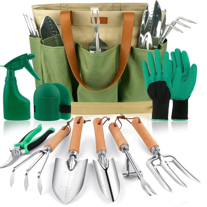 Conjunto De Ferramentas De Jardim De 10 Peças Com Luvas, Bolsa, Aço Inoxidável