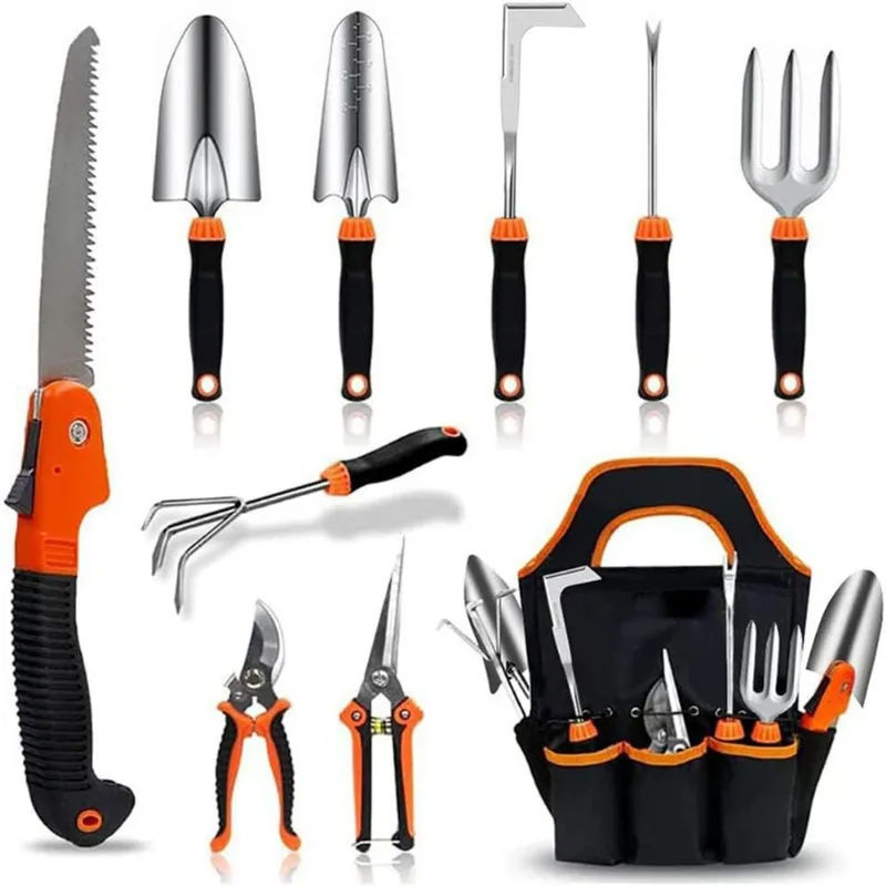 Conjunto De Ferramentas De Jardim De 10 Peças Com Pás, Garfos, Podadores E Bolsa