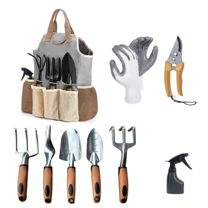 Conjunto De Ferramentas De Jardim De 9 Peças Com Pás, Garfos, Tesouras E Luvas
