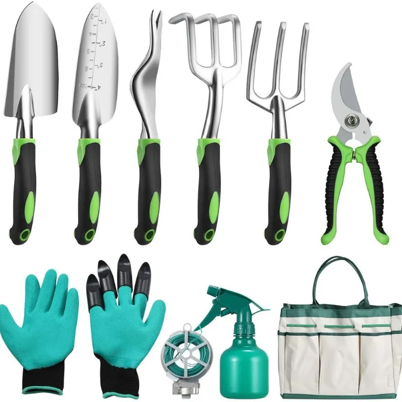 Conjunto De Ferramentas De Jardim Verde De 10 Peças Com Bolsa De Transporte Em Aço Inoxidável