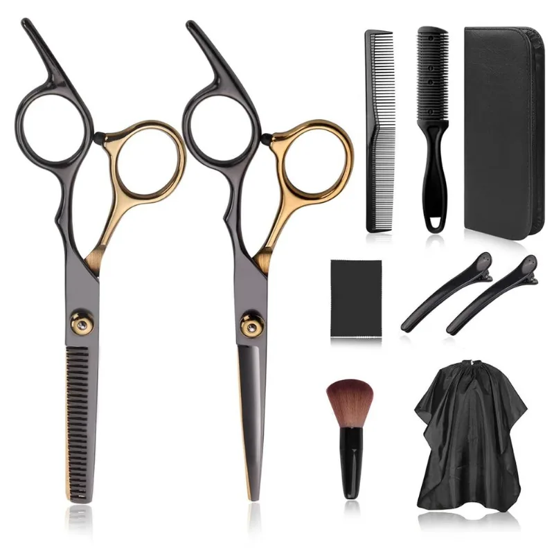 Conjunto Profissional De Tesouras De Corte De Cabelo Em Ouro Preto De 10 Peças