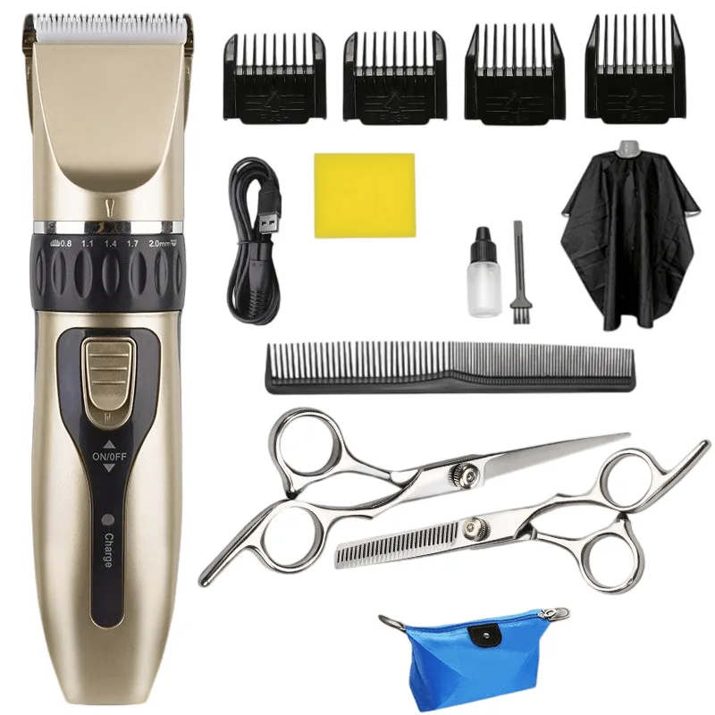 Kit De Máquina De Cortar Cabelo Elétrica Com Lâmina De Cerâmica Dourada Com Tesoura