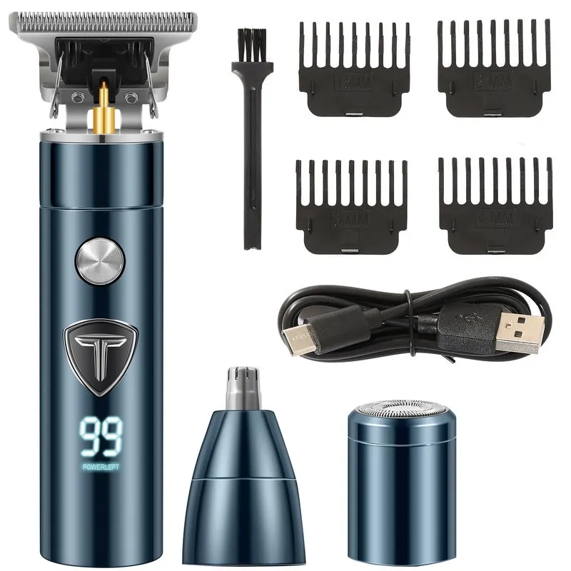 Máquina De Cortar Cabelo Elétrica 3 Em 1 Azul Recarregável Usb