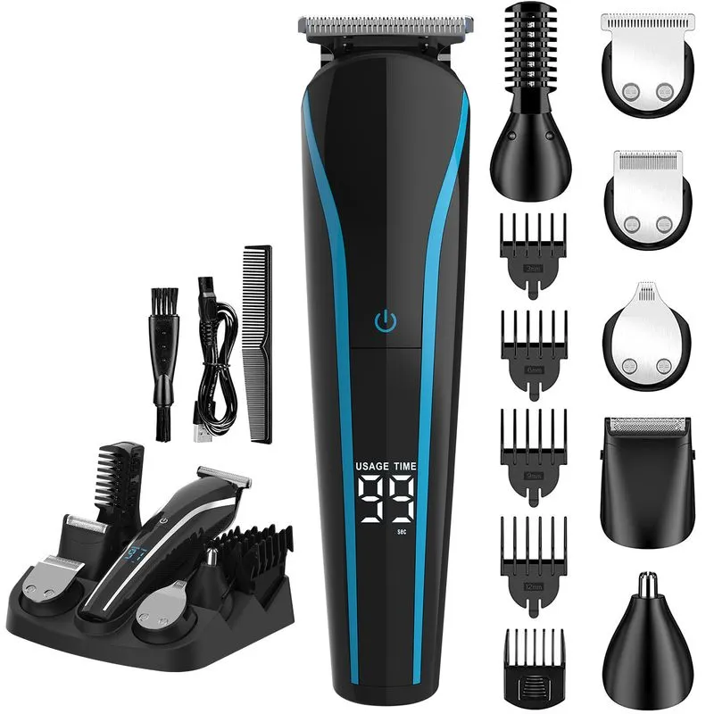 Máquina De Cortar Cabelo Elétrica Fk-8588t 6 Em 1 Lcd Azul-preto Usb