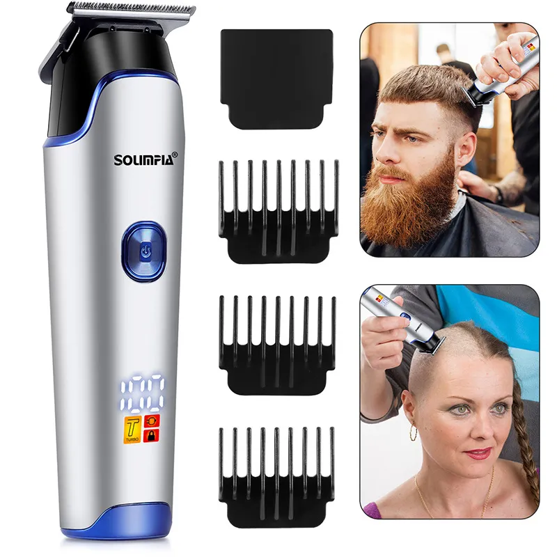 Máquina De Cortar Cabelo Elétrica, Branca Prateada, Lcd Sem Fio Com 3 Pentes De Guia