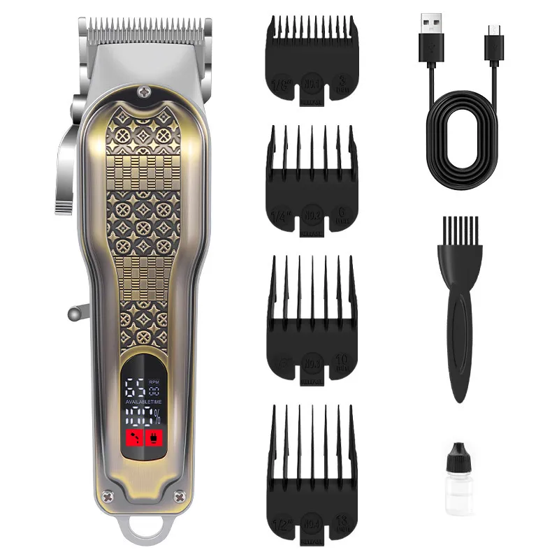Máquina De Cortar Cabelo Elétrica Gold Metal Body Lcd Usb Recarregável