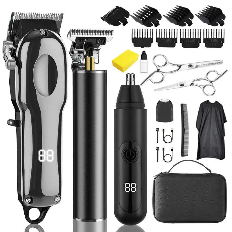 Conjunto De Máquina De Cortar Cabelo Preto Com Display Led, Aparador De Nariz E Estojo