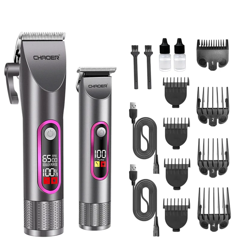 Conjunto De Máquina De Cortar Cabelo Elétrica Com Protetores Ajustáveis, Display Lcd