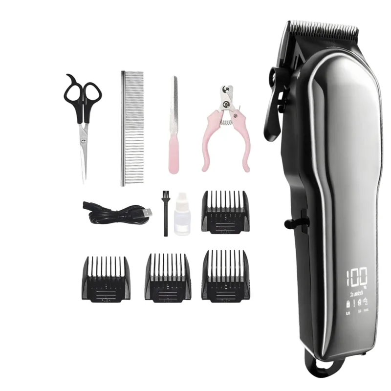 Kit De Máquina De Cortar Cabelo Para Animais De Estimação Preto Com Display Digital E Acessório