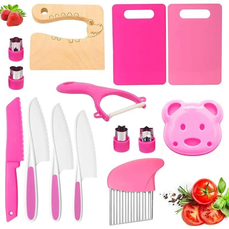 Conjunto De Facas De Cozinha Para Crianças 14 Peças Rosa Com Utensílios De Corte