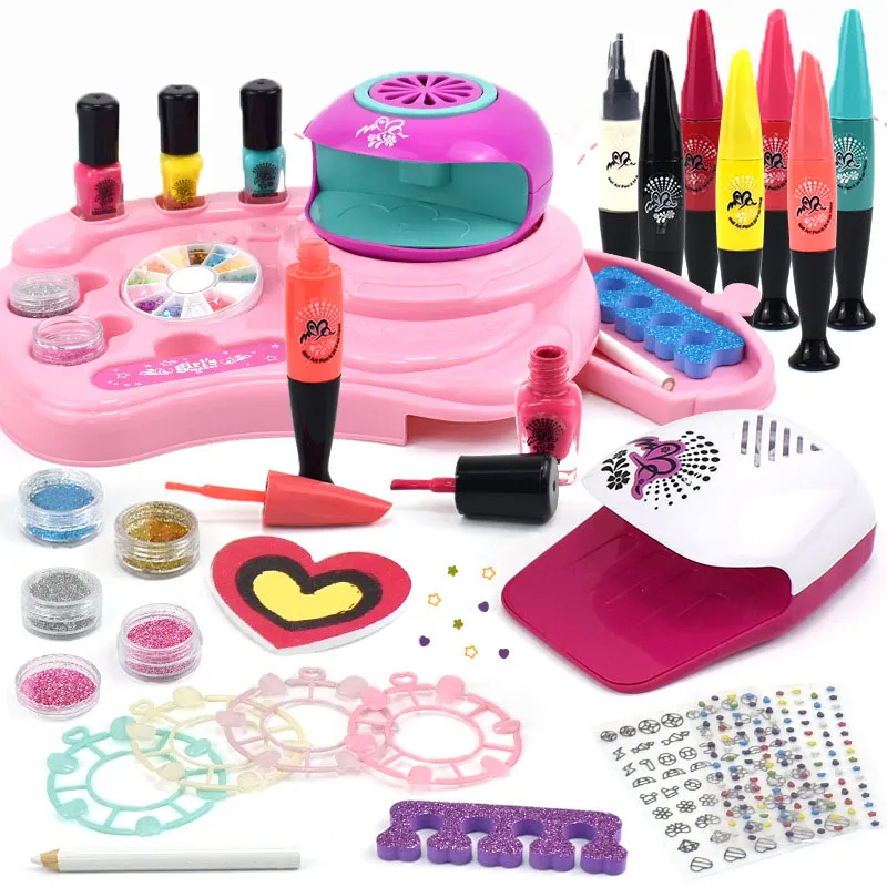 Conjunto De Estúdio De Nail Art Para Crianças Com Secador De Unhas E Esmalte Rosa