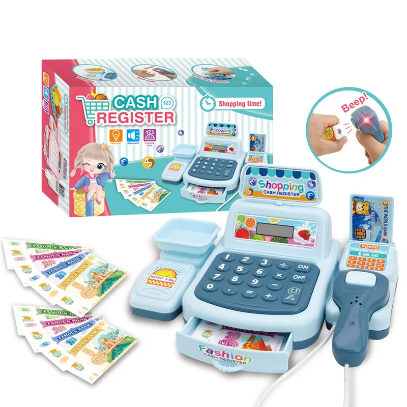 Caixa Registradora De Brinquedo Para Crianças Com Scanner, Dinheiro De Brinquedo E Cartões