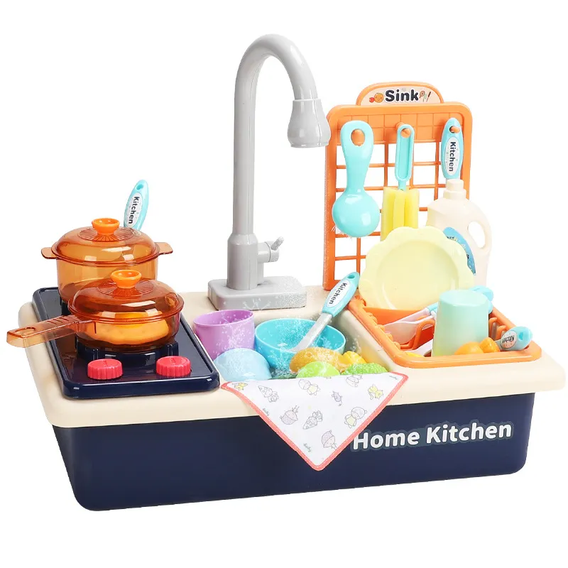 Conjunto De Pia De Cozinha Infantil Com Água Corrente E Fogão Azul