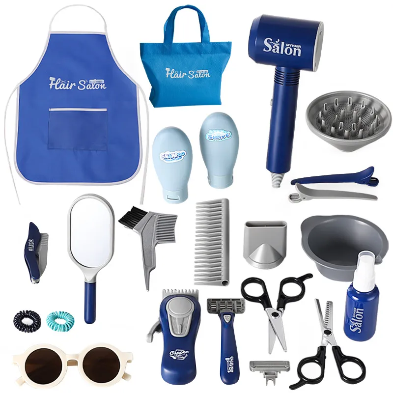 Conjunto De Brinquedo De Barbearia Infantil Azul Com 23 Acessórios Para Brincadeira De Faz De Conta