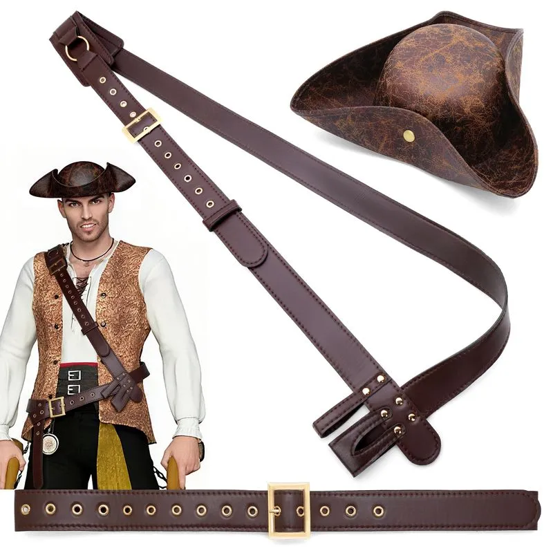 Conjunto De Fantasia De Chapéu E Cinto De Capitão Pirata Marrom