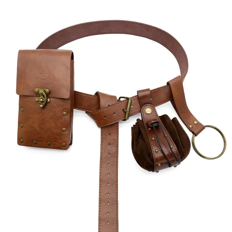 Conjunto De Bolsa De Cintura Medieval Marrom Com Bolsa Para Celular E Porta-chaves