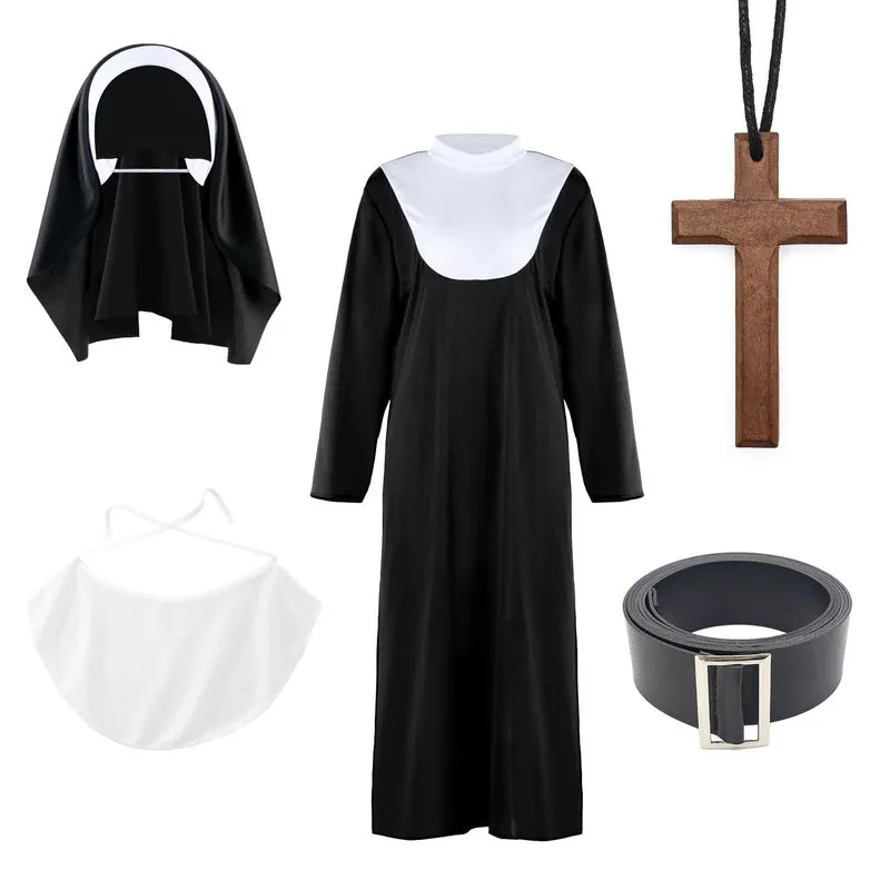 Conjunto De Fantasia De Freira Para Halloween Com Colar De Cruz E Cinto