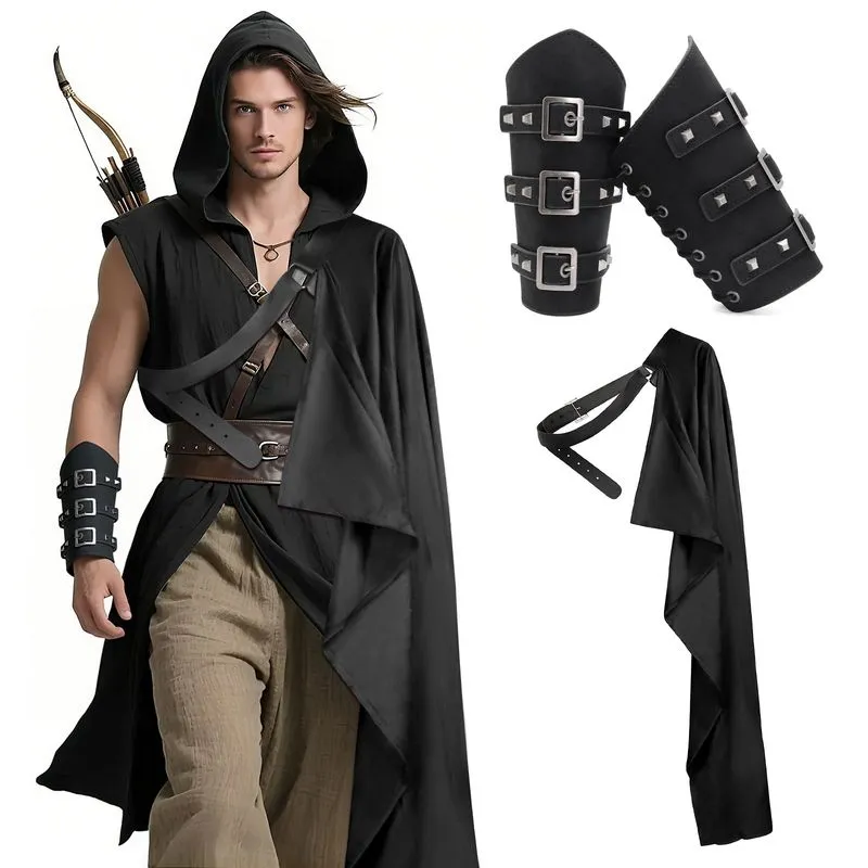 Conjunto De Fantasia Medieval Com Capa Com Capuz E Braçadeiras Viking Unissex
