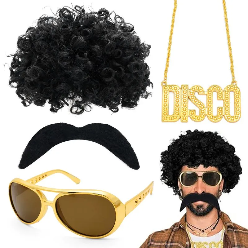 Conjunto De Fantasia Disco Anos 70 Com Peruca Afro, Óculos De Sol, Bigode E Mais