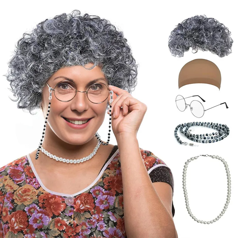 Conjunto De Fantasia De Vovó Com Peruca Cinza E Óculos Para Cosplay